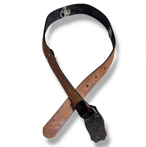 JUSTIN Black Tooled Top Grain Leather Belt Silver Tone Buckle & Accents - Picture 7 of 10